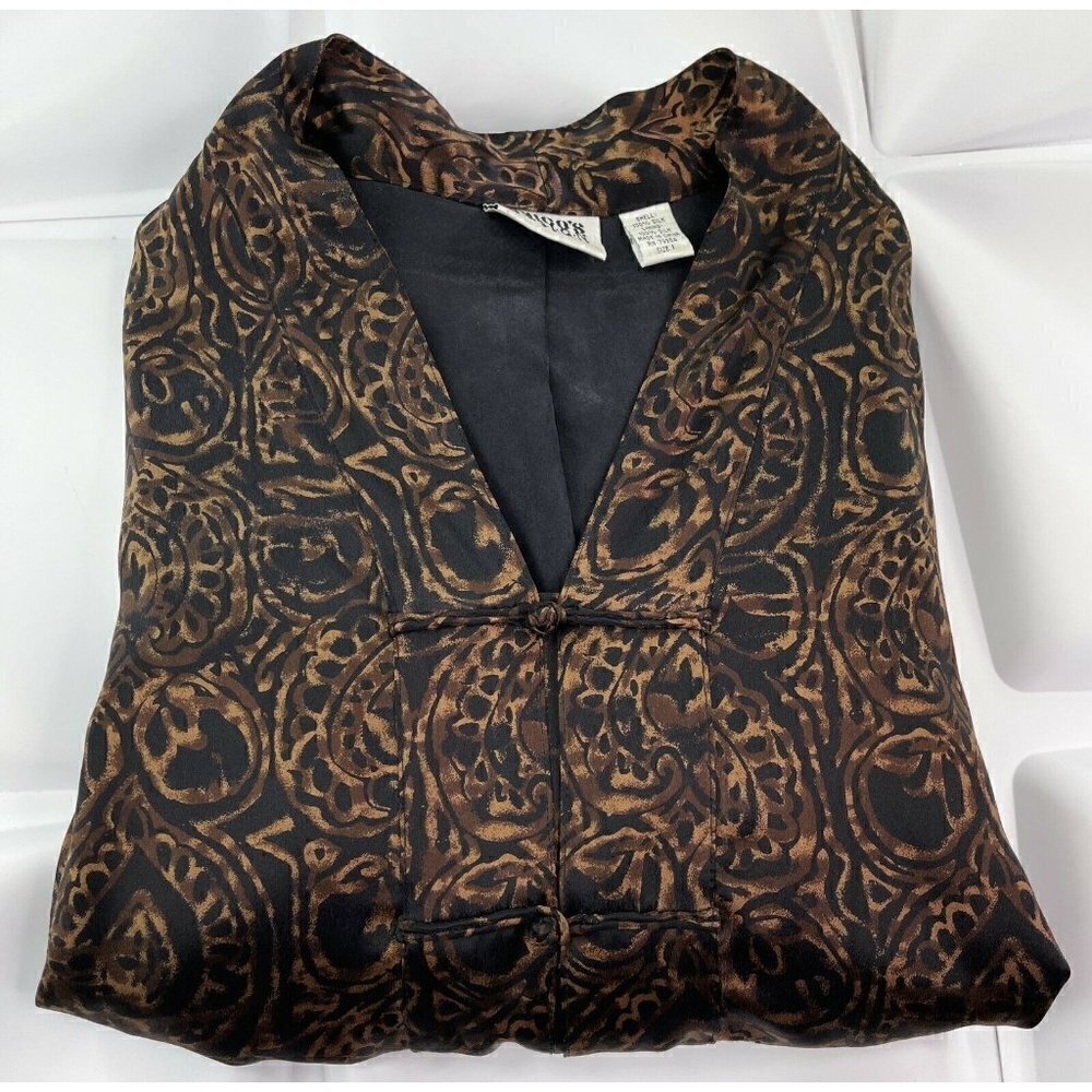 Chico's 1 Sz M SILK Brown Black Paisley Mandarin Blouse Jacket Women Oriental
